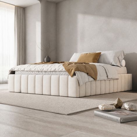 MEUBLIV Lit 140x200 cm beige – cadre de lit avec 4 tiroirs de rangement, sans matelas (1/5)