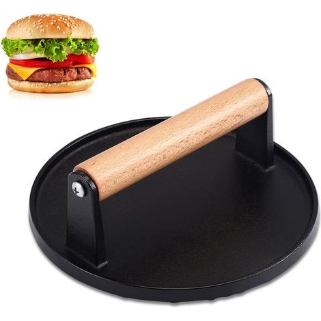 Burger Smasher Presse à Viande en Fonte 1 kg Grand Smash Presse-Hamburger Rond avec Manche en Bois thermofuge Presse-Grill (1/5)