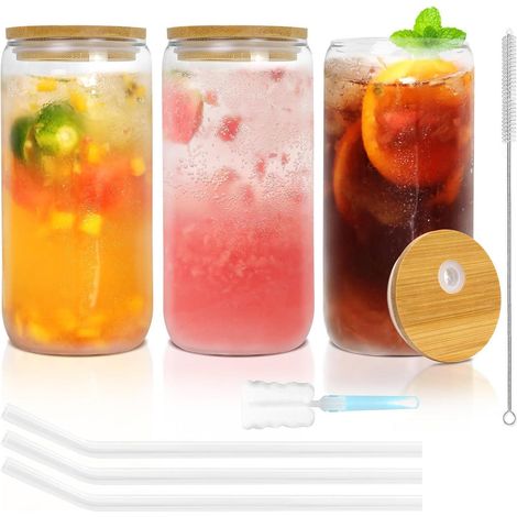 YUEYEE Trinkgläser 3er-Set 500ml Iced Coffee Glas Glasstrohhalme Bambusdeckel (1/5)