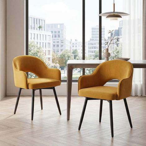 Wahson Set of 2 Velvet Swivel Dining Chairs, Modern Kitchen Corner Chairs with Hollow Backrest for Living Room and Restaurant, Yellow