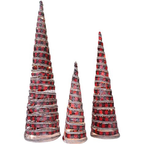 Set 3 Coni di Natale con LED in Plastica Rosso Glitterato (1/2)