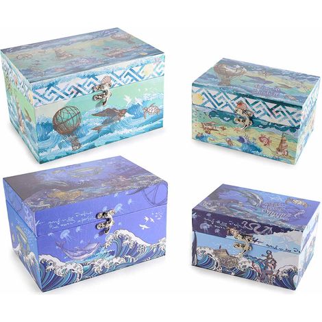 Scatole in legno con chiusura a gancio con stampa tema mare in set da due pezzi, set da 2 pezzi, Grande: cm 20 x 14 x 12 H