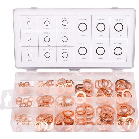 150 pezzi 15 specifiche Guarnizioni ad anello di tenuta, Kit assortimento rondelle in rame, Rondelle in rame Guarnizione ad anello di tenuta con scatola M5 M6 M8 M10 M12 M14 M16 M18 M20 M22-Crezuo