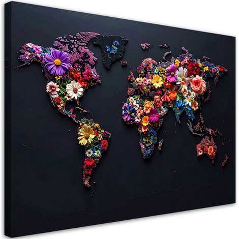 Cuadro sobre Lienzo Mapa del mundo con flores de colores 30x20 (1/5)
