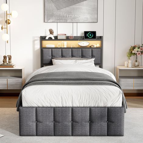Polsterbett 90 x 200 cm mit Bettkasten und Lattenrost – Kopfteil mit RGB-LED und USB-/Type-C-Anschlüssen – Leinenstoff – Grau (1/4)