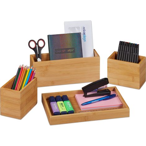 Relaxdays Organiseur de bureau, lot de 4, porte-stylo, rangement en bambou, pot à crayon, pour ustensiles, nature