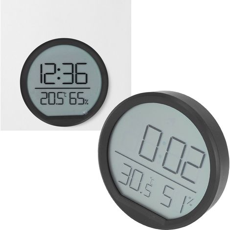 Digitales Thermometer-Hygrometer mit Uhr und Multifunktionsalarm – Schlankes, schwarzes ABS – 7,4 cm – Magnetisch – Cr2032 – Mehrere Messpositionen (1/5)