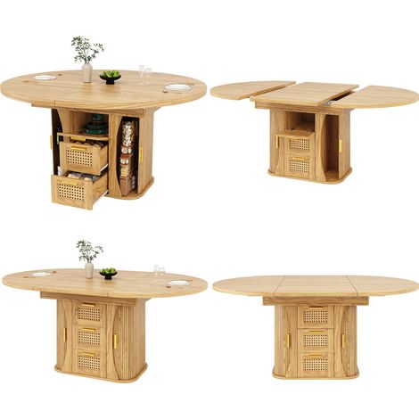 Table à manger extensible avec rangement, MDF effet bois, tiroirs en rotin, 118-158 cm, noir/naturel/marron (1/5)