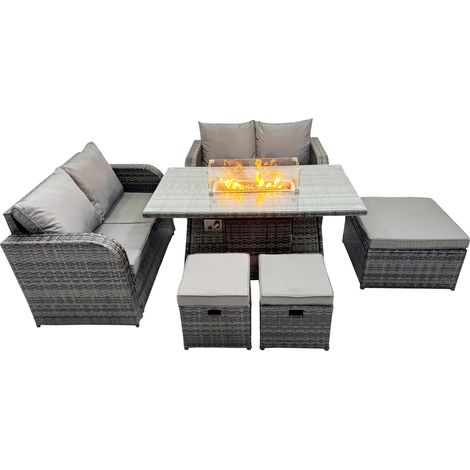 Fimous 7-seater Patio Gas Firpit Dining Table Sofa Sets Rattan Garden Furniture Dining Set with 3 Stools Dark Grey Mixed (1/5)