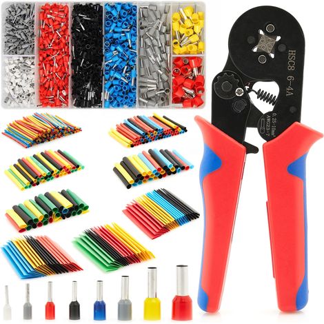 Outil de sertissage pour embouts + 1200 embouts isolés + Jeu de gaines thermorétractables 5 couleurs / 8 tailles 328 pièces. (1/5)