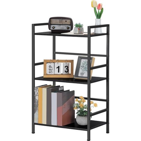 Bibliothèque Noire à 3 Étagères, Étagère de Sol, Rack de Rangement avec Cadre en Métal, Étagère de Rangement Moderne pour Salon, Chambre, Bureau, 43 x 28 x 74 cm