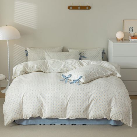 Parure de lit à Carreaux 100% Coton Doux avec Motif Floral Bleu, 1 Housse de Couette pour lit Simple de 172,7 x 218,4 cm, 2 taies d'oreiller de 50,8 x 66 cm avec nœud pour décoration de Chambre (1/5)