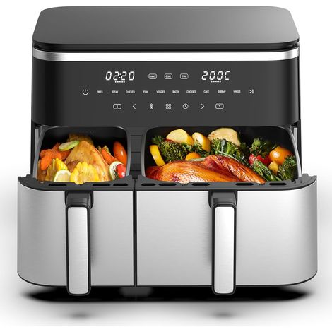 Air Fryer XXL 11L Dual Zone - 2600W Friteuse à Air avec Double tiroirs, 7L/4L, 10 Programmes, Écran Tactile & Rappel Shake – Friteuse sans huile pour cuisson rapide, saine et flexible