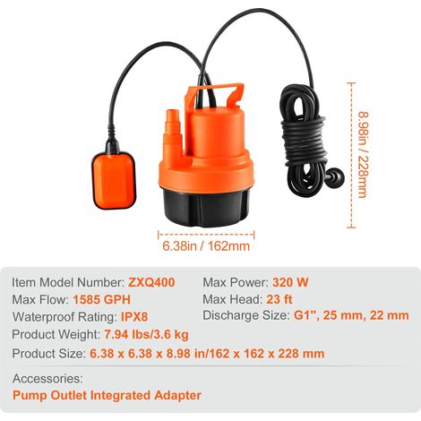 Pompe submersible utilitaire – Débit 1585 GPH – Puisard haut débit – Cordon alimentation 10 pieds