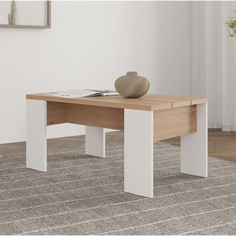 Mesa de Centro Riposto, Forma Rectangular, Tapa Marrón, Estructura Blanca, 90x50x43h cm Roble Marrón Nodi (1/5)