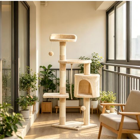 Beiger Katzenbaum mit Sisal-Kratzflächen und Katzenhöhle OKWISH (1/5)