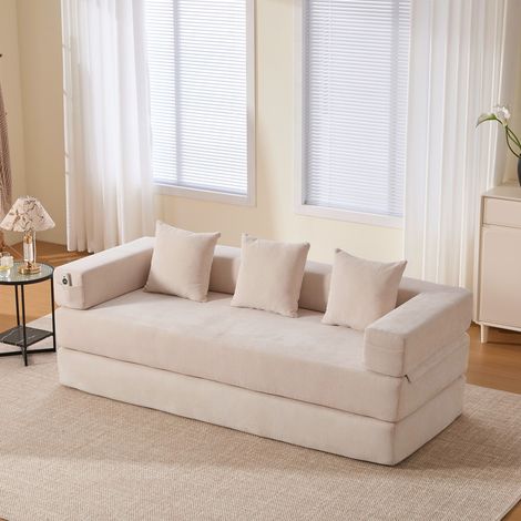 Canapé Convertible 3 Places modulaire en Chenille,Canapé lit 2 Places à Compression,canapé 3 Places Convertible lit canapé Pliant,Poches de Rangement latérales,Fond antidérapant (Beige)