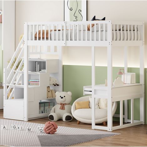 Cama alta infantil 90x200 cm con escritorio y almacenaje, blanca, madera, sin colchón FloraGrace (1/5)