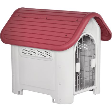 Niche d'extérieur pour chien, abri avec trappe de toit, niche étanche et aérée, pour petits chiens, rouge et gris clair, 59 x 75 x 66 cm