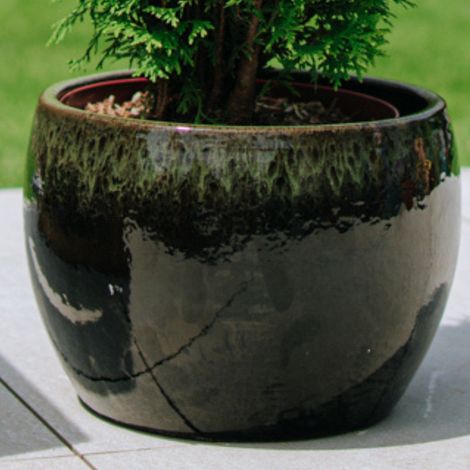 Pot grande taille d'extérieur ROMULUS 21x15cm noir & vert, fait main en terre cuite émaillée, résistant au gel (1/5)