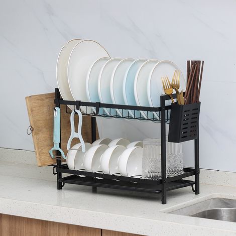 [JAMAIS UTILISÉ]Egoutoire Vaisselle Cuisine Noir à 2 Niveaux en ) INOX avec Porte-ustensiles et bac d'égouttement (1/5)