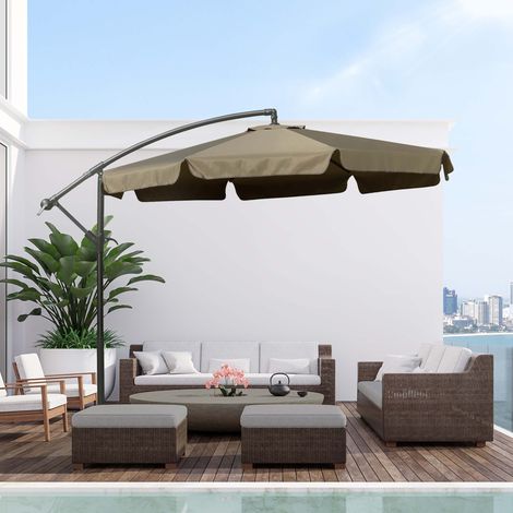 Parasol jardin 2,7×2,7m toit réglable base transversale aération manivelle métal décalé polyester, café