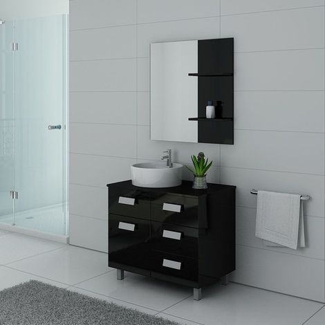 Distribain – Meuble de salle de bain simple vasque 80 cm – Noir – 4 tiroirs – Vasque ronde en céramique – Système soft closing (1/4)