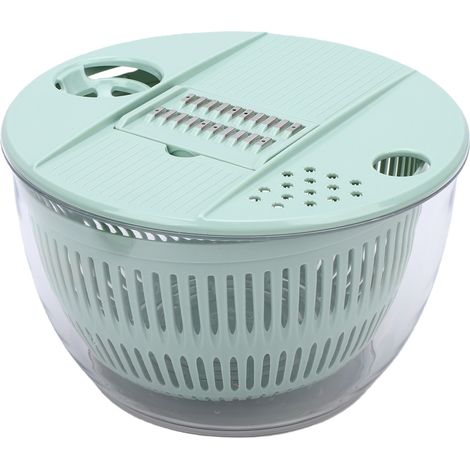 Essoreuse à salade grand format 3 en 1 pour fruits et légumes : nettoyage, séchage, découpe, avec planche à découper, 5 têtes, passoire à jaune d'œuf verte (1/5)