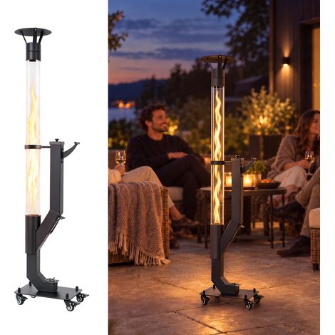 GBLY Estufa de pellets exterior móvil sin gas ni electricidad vidrio de borosilicato resistente ruedas incorporadas calefactor para terraza jardín balcón ambiente de llama decorativa exterior (1/5)