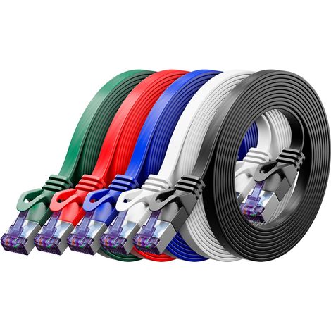 5x 0,25m Câble Réseau CAT7 plat (CAT 7 avec 10 Gbit/s) Gigabit LAN - RJ45 Ethernet Liaison Patch Courte Plate - pour Internet Switch Routeur Modem Panneau Patch - Coloré (1/5)