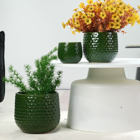 Set di 3 vasi da fiori in ceramica, verde scuro lucido, Ø 23/17/12 cm HAVRYA (1/5)