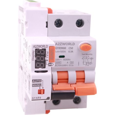 RCBO Interruttore Magnetotermico Differenziale Con Riarmo Automaico, Tipo A Curva C 1P+N 3M 6000A 300mA C40A AC 230V IP20 IEC61009-1 GYR9NM, 3 Tentativi (10s/60s/300s), Corrente Disponibili 40A 50A 63