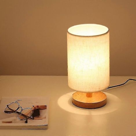 Lampe de chevet ronde en bois massif avec abat-jour en tissu pour chambre et table de nuit de salon