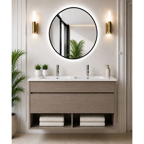 Badmöbel hängend mit Waschbecken extra flach ORIGENBATH NEBARI ohne Spiegel 120x45 cm Doppelwaschbecken Smoky-Eiche (1/3)