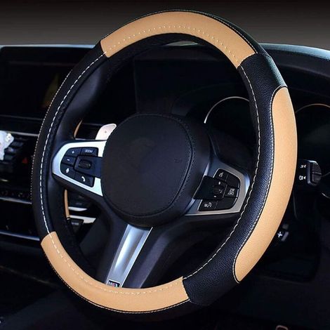 Couvre volants Voiture Caches de Volant,Couvre volant en cuir souple sport courbes courbes respirant anti-dérapant(Noir-Beige)-Fei Yu (1/3)
