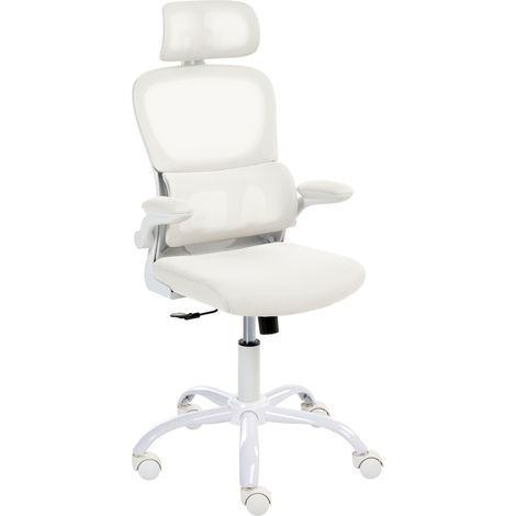 Office Chair White Mesh Upholstery Iron Base Swivel Adjustable Height Headrest and Padded Armrests Tilting Backrest with Lock Mechanism Home Office Modern SOLIS (1/5)
