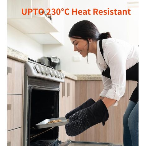 Set di 4 guanti da forno, resistenti al calore e antiscivolo, in morbido cotone, lunghi e flessibili con silicone spesso per cucinare (27 cm) (1/4)