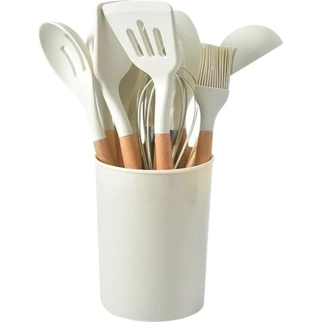 Juego de 12 utensilios de cocina de silicona con mango de madera y resistentes al calor. Incluye espátula, cuchara, brocha y batidor. Color beige. (1/5)