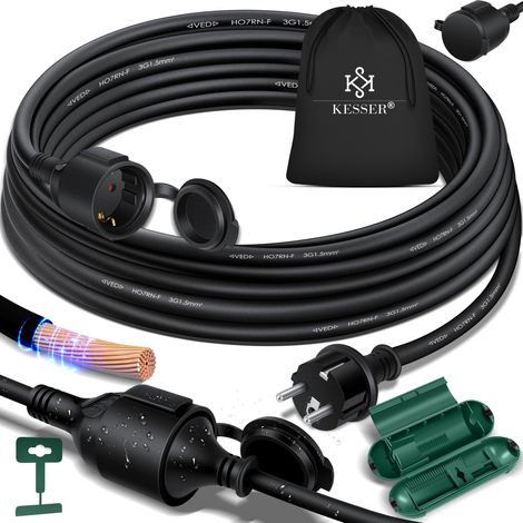 KESSER® Verlängerungskabel mit Schutzkappe Outdoor - für Innenbereich Außenbereich - Verlängerung Stromkabel 230 V IP44 - mit Schuko Stecker Schwarz / 10m