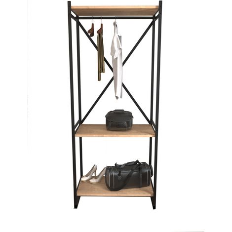 Armoire portemanteau en métal. Style industriel. Avec 3 étagères mélaminé chêne Safir. Structure en métal noir. (Hauteur 160 cm/Largeur 66 cm/Profondeur 34 cm) (1/5)