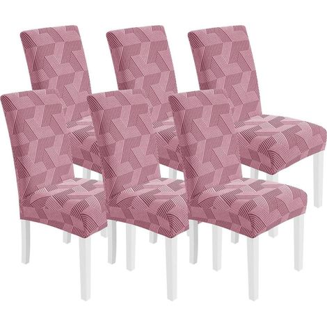 Housses de chaise extensibles 6 pièces, motif géométrique, rose, lavables (1/5)