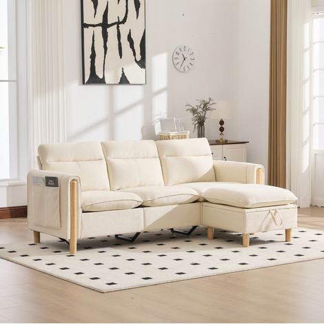 Divano chaise longue 3 posti con pouf contenitore, ciniglia beige, gambe in legno HAVRYA (1/5)