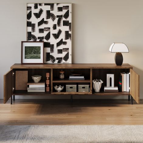 Meuble TV 3 portes, meuble bas salon, rangement TV avec étagères, 160x35x46 cm, bois élégant, armoire média moderne, meuble de divertissement pour salon. (1/5)