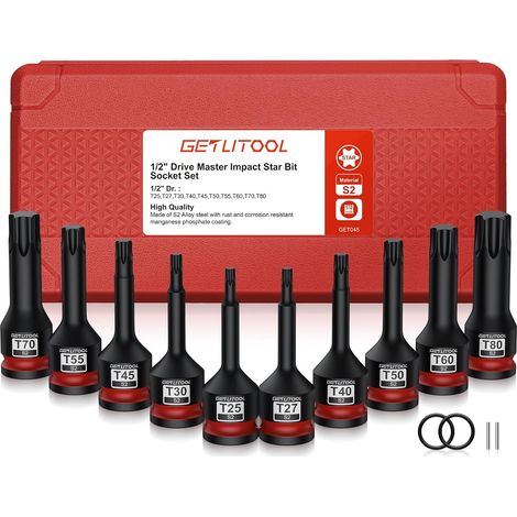 Lot de 10 douilles Torx à impact 1/2" en acier S2 avec taille marquée et étui rangement T25-T80 pour réparation automobile, entretien mécanique - (1/5)