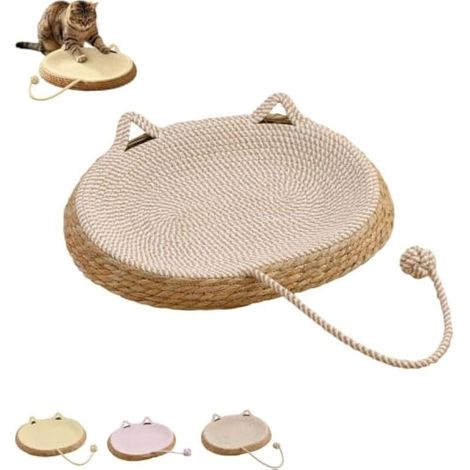Panier pour chat tissé à la main avec doublure en corde de coton - Motif oreilles de chat - Lit rond avec balle interactive - Respirant - Pour toutes les saisons - Résistant aux rayures - Blanc