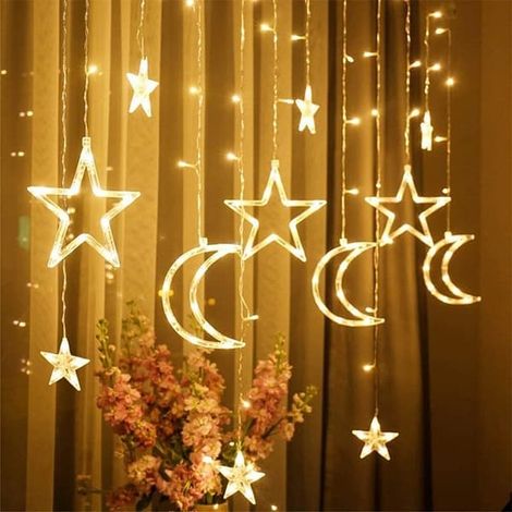 Guirlande lumineuse LED, étoiles et lune, rideau lumineux à piles, 3,5 m, blanc chaud, idéale pour Noël, les fêtes, le jardin, la maison ou un anniversaire. (1/4)