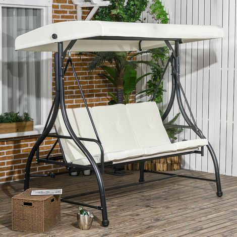 Dondolo Letto da Giardino 3 Posti con Tettuccio Regolabile, in Acciaio e Poliestere, 195x117x175 cm, Crema e Nero