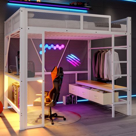 Lit mezzanine 140x200 cm avec bureau, 3 tiroirs et LED, avec port USB, en métal, blanc, sans matelas (1/5)