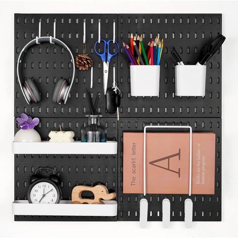 Stecktafel-Wandhalterung, 280 x 280 mm, Kunststoff-Garagen-Organizer mit 4 Stecktafeln, Zubehör, Werkzeugaufbewahrungsset für Büro, Bastelraum, Zuhause, Lager, Geschäft, Schwarz (1/5)