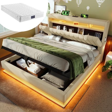 Polsterbett Leinen Beige 140x200 cm mit Stauraum, LED-Beleuchtung, USB/Typ-C und Matratze